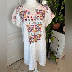Floral Embroidered White Mini Dress linen, size, medium, colorful